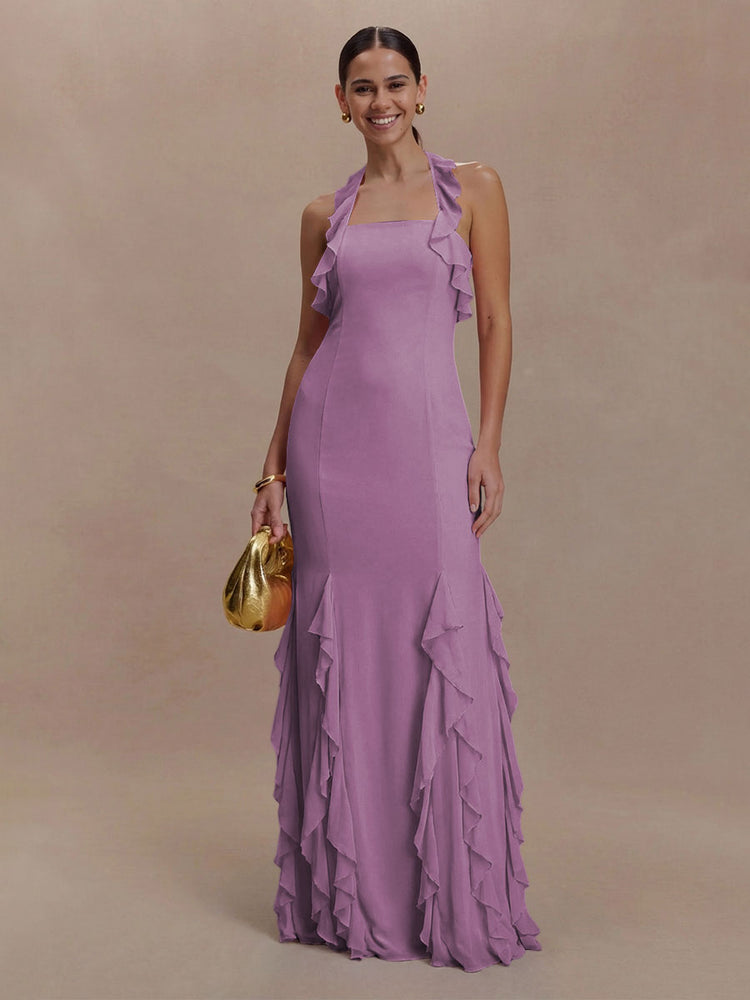 Halter Chiffon Sleeveless A Line Ruffled Bridesmaid Dresses
