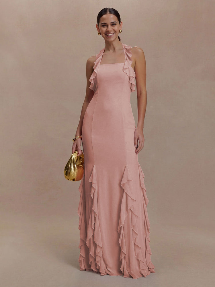 Halter Chiffon Sleeveless A Line Ruffled Bridesmaid Dresses