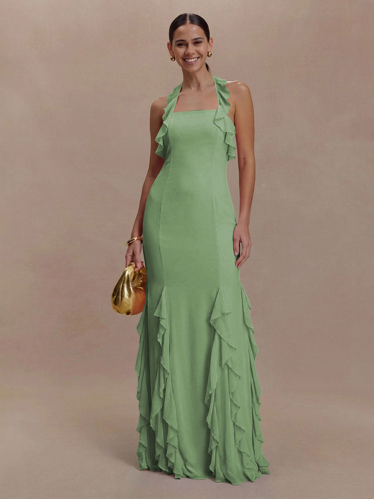 Halter Chiffon Sleeveless A Line Ruffled Bridesmaid Dresses