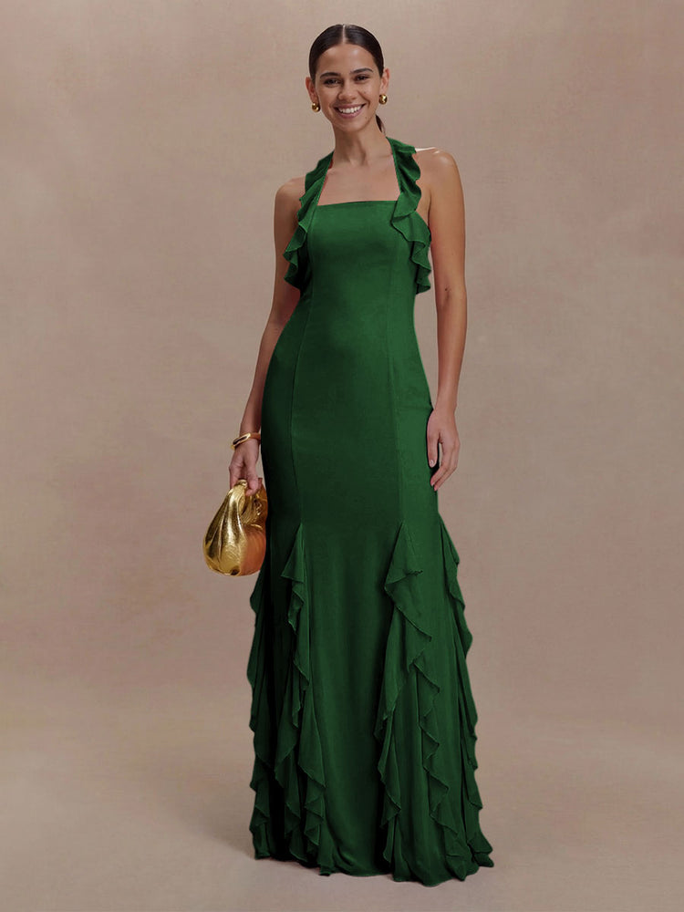 Halter Chiffon Sleeveless A Line Ruffled Bridesmaid Dresses