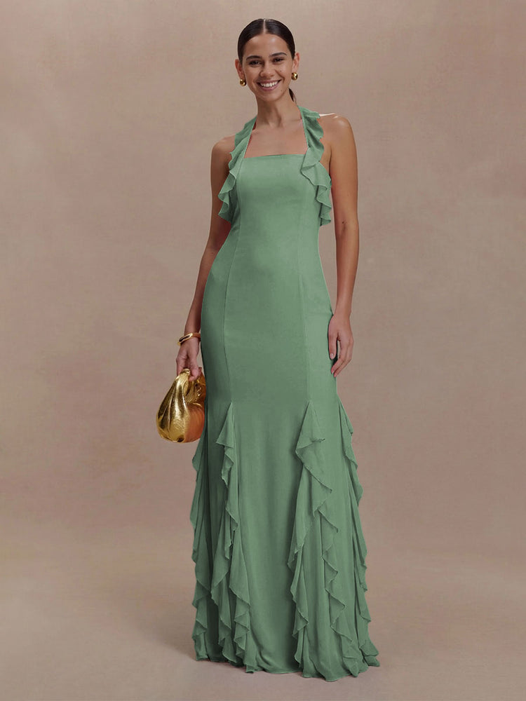 Halter Chiffon Sleeveless A Line Ruffled Bridesmaid Dresses