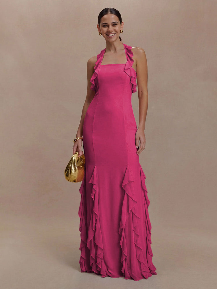 Halter Chiffon Sleeveless A Line Ruffled Bridesmaid Dresses