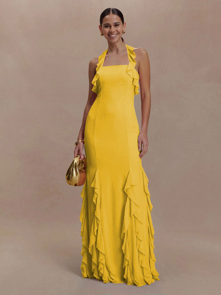 Halter Chiffon Sleeveless A Line Ruffled Bridesmaid Dresses