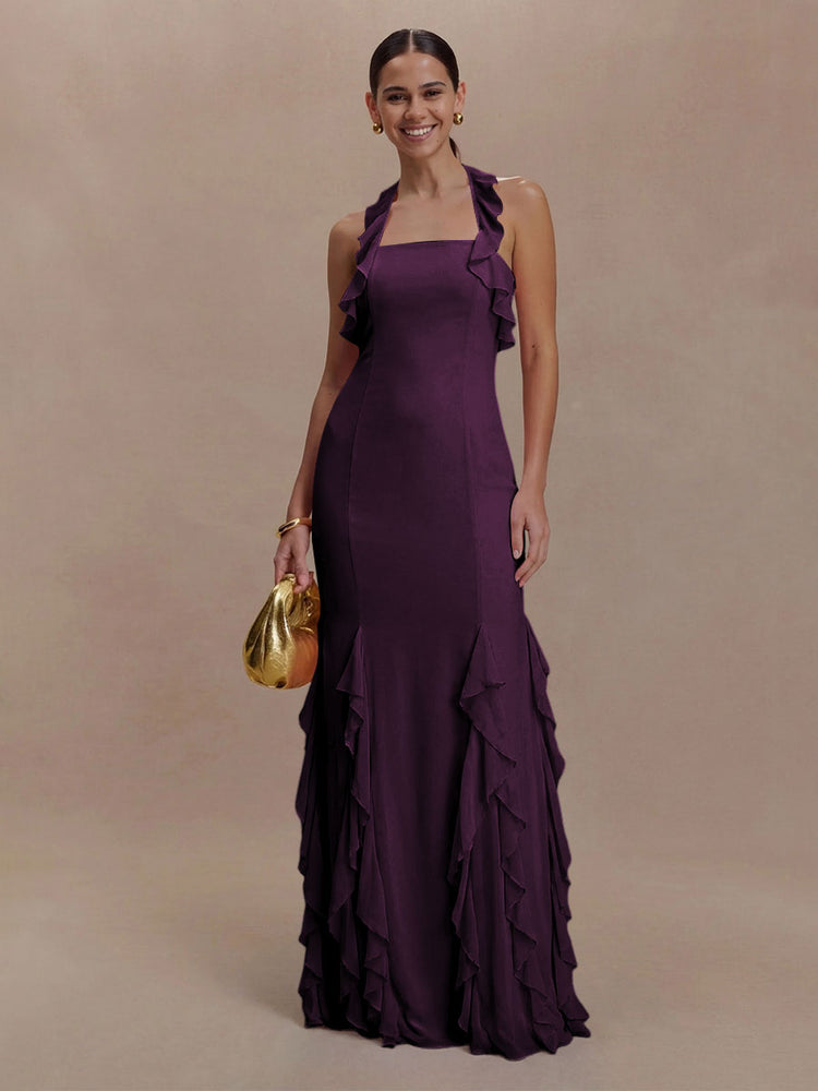 Halter Chiffon Sleeveless A Line Ruffled Bridesmaid Dresses