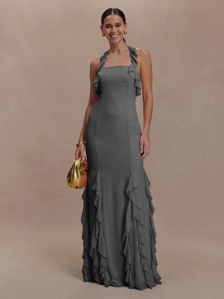 Halter Chiffon Sleeveless A Line Ruffled Bridesmaid Dresses