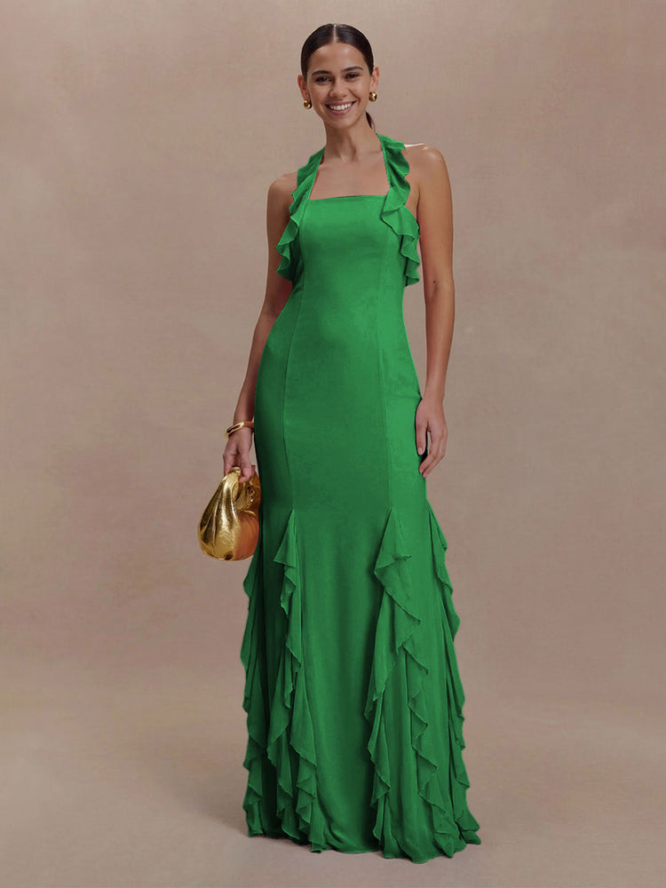 Halter Chiffon Sleeveless A Line Ruffled Bridesmaid Dresses