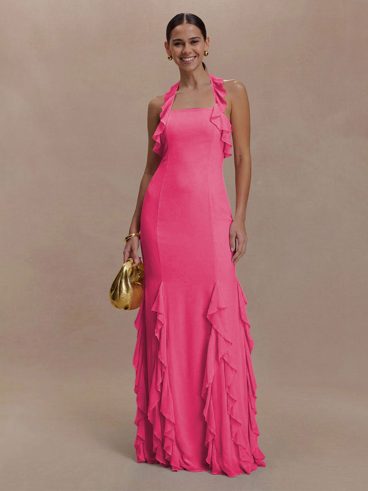 Halter Chiffon Sleeveless A Line Ruffled Bridesmaid Dresses