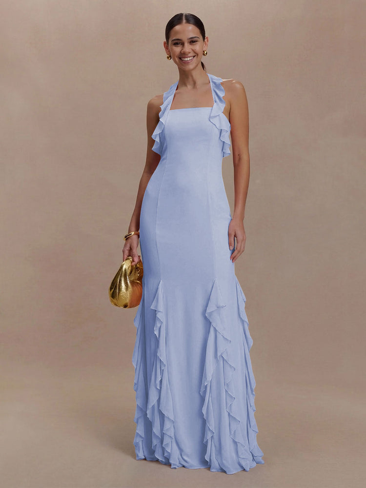 Halter Chiffon Sleeveless A Line Ruffled Bridesmaid Dresses