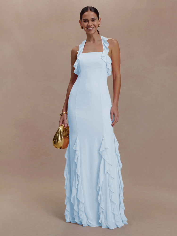 Halter Chiffon Sleeveless A Line Ruffled Bridesmaid Dresses