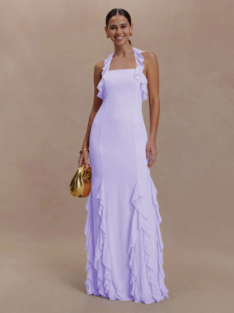 Halter Chiffon Sleeveless A Line Ruffled Bridesmaid Dresses