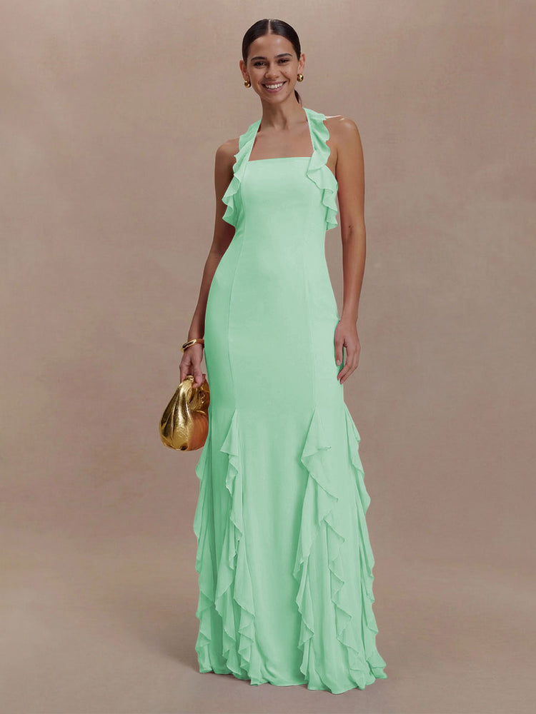 Halter Chiffon Sleeveless A Line Ruffled Bridesmaid Dresses