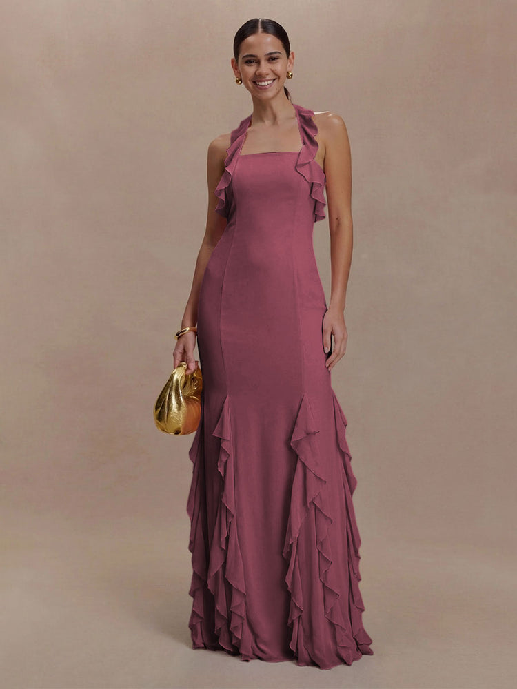 Halter Chiffon Sleeveless A Line Ruffled Bridesmaid Dresses