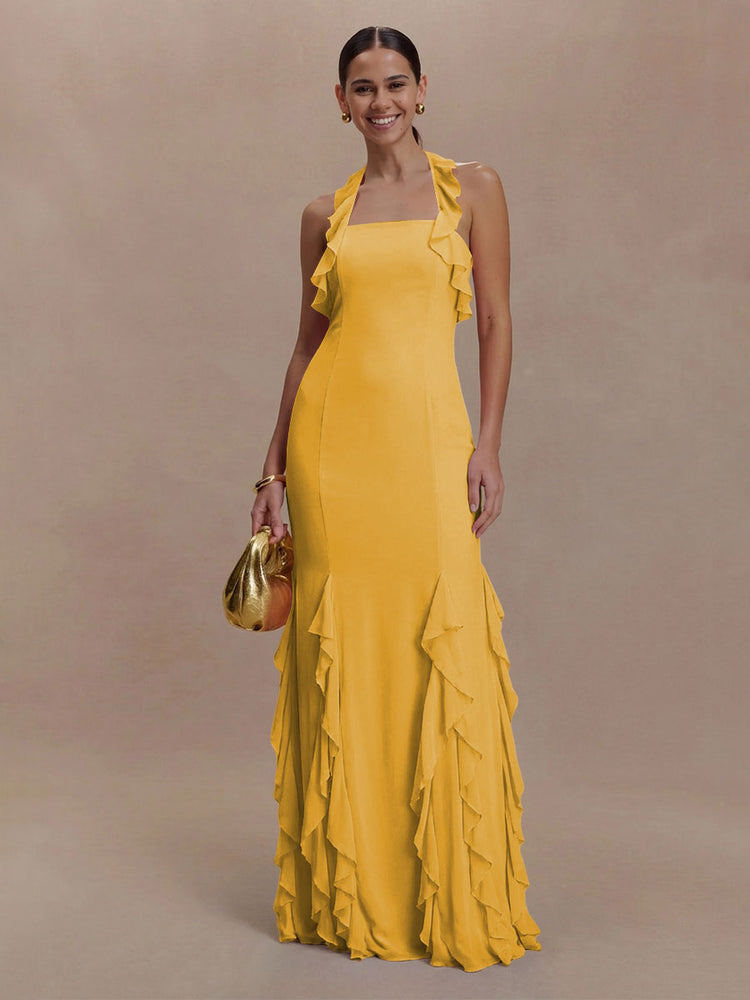 Halter Chiffon Sleeveless A Line Ruffled Bridesmaid Dresses
