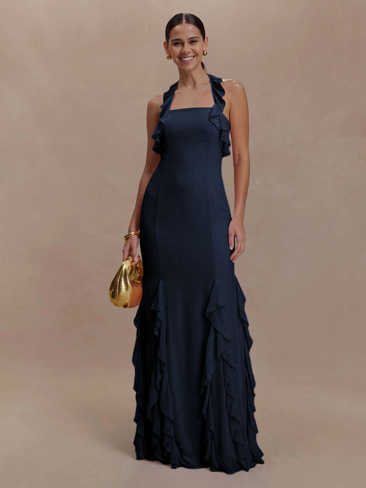 Halter Chiffon Sleeveless A Line Ruffled Bridesmaid Dresses