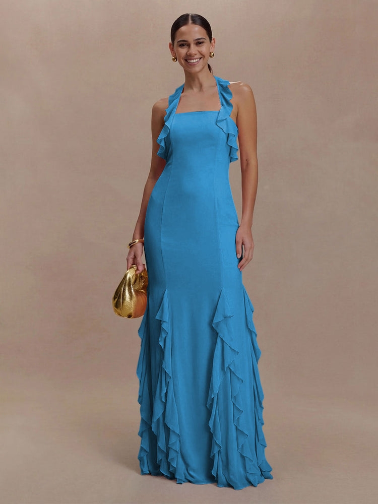 Halter Chiffon Sleeveless A Line Ruffled Bridesmaid Dresses