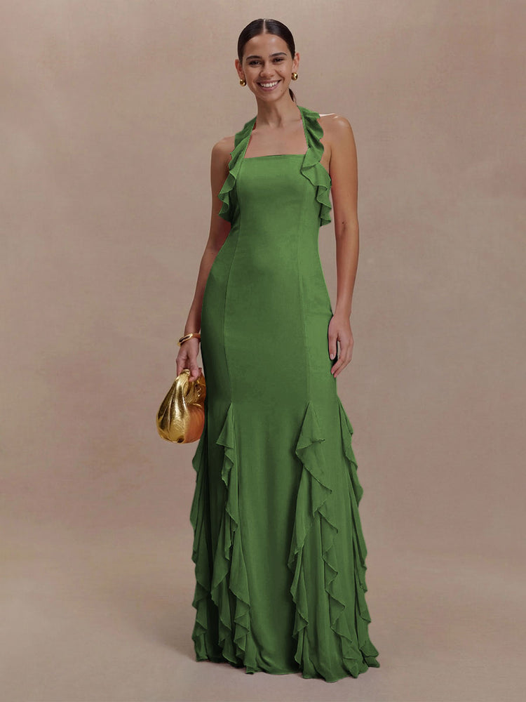 Halter Chiffon Sleeveless A Line Ruffled Bridesmaid Dresses