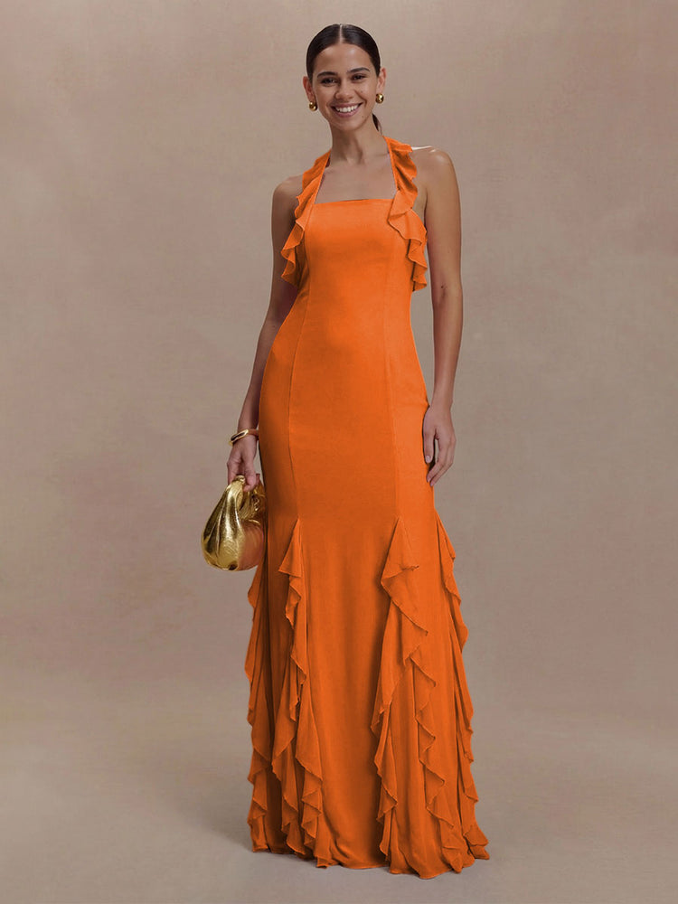 Halter Chiffon Sleeveless A Line Ruffled Bridesmaid Dresses