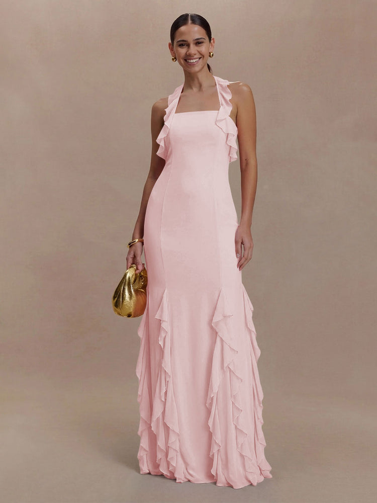 Halter Chiffon Sleeveless A Line Ruffled Bridesmaid Dresses