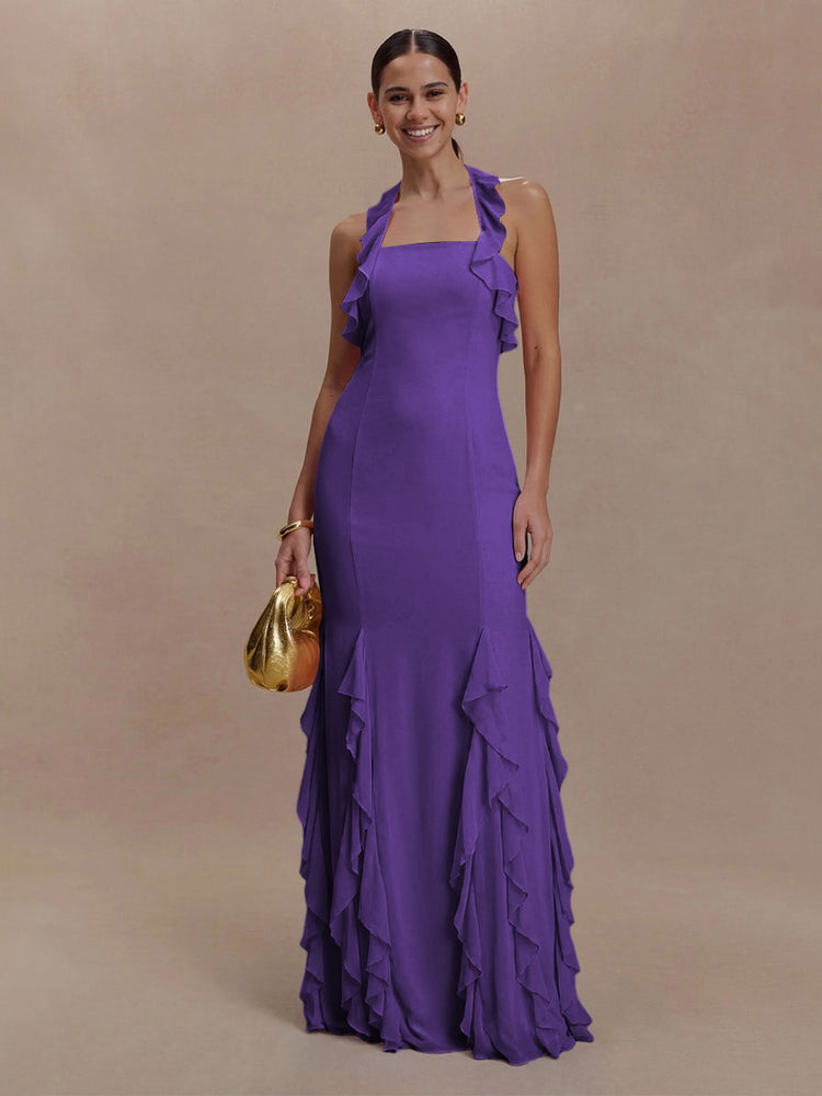 Halter Chiffon Sleeveless A Line Ruffled Bridesmaid Dresses