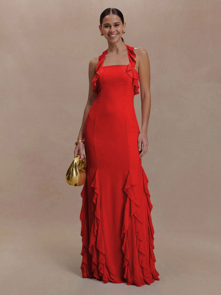 Halter Chiffon Sleeveless A Line Ruffled Bridesmaid Dresses