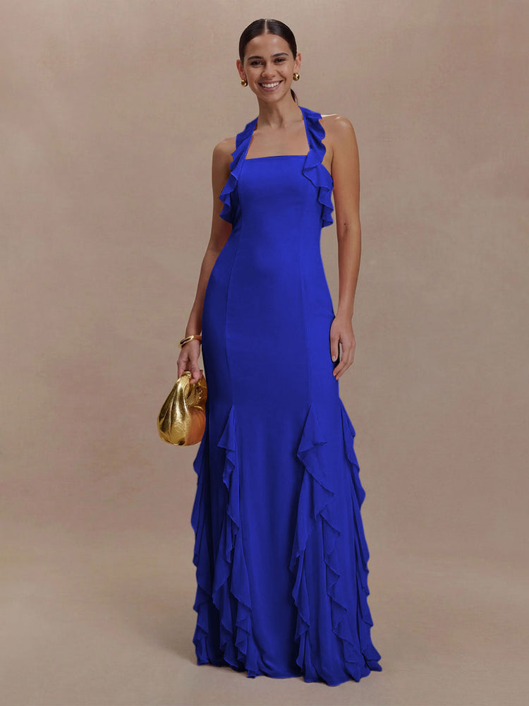 Halter Chiffon Sleeveless A Line Ruffled Bridesmaid Dresses