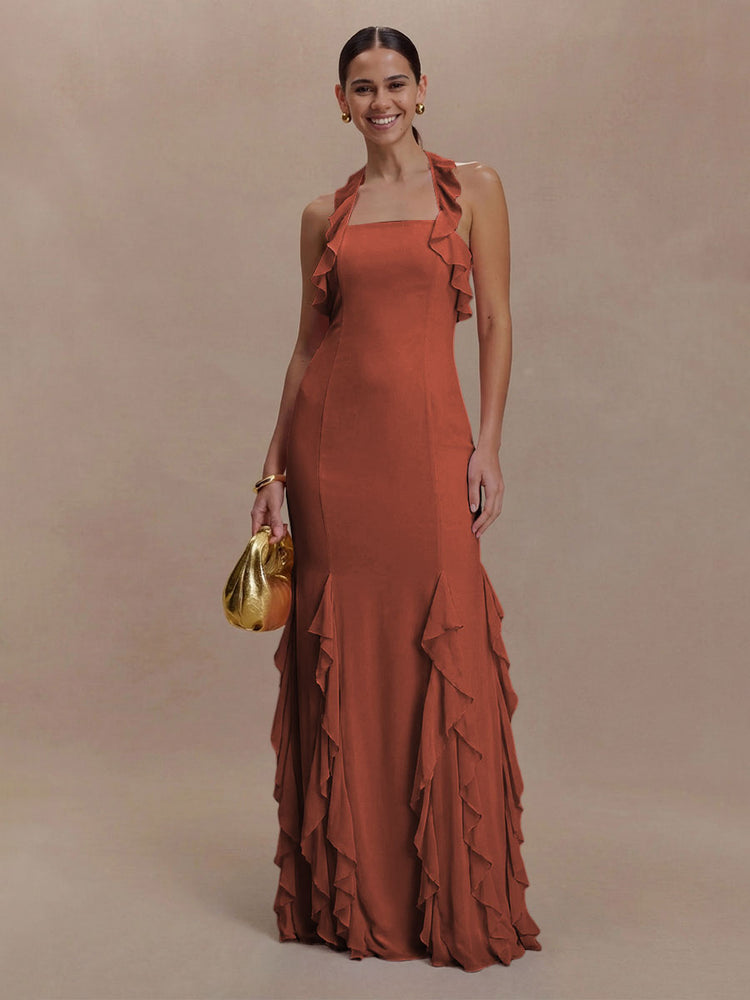 Halter Chiffon Sleeveless A Line Ruffled Bridesmaid Dresses