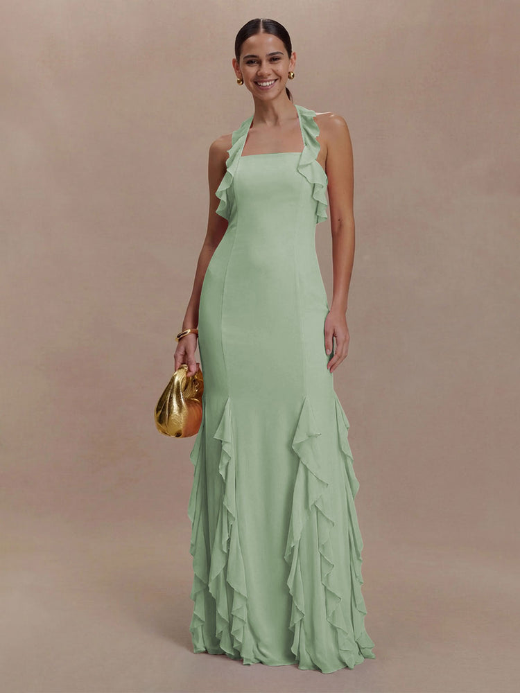 Halter Chiffon Sleeveless A Line Ruffled Bridesmaid Dresses