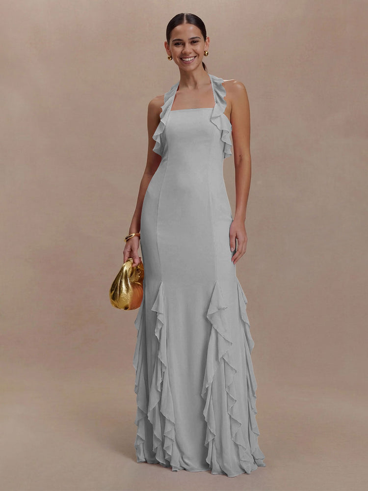 Halter Chiffon Sleeveless A Line Ruffled Bridesmaid Dresses