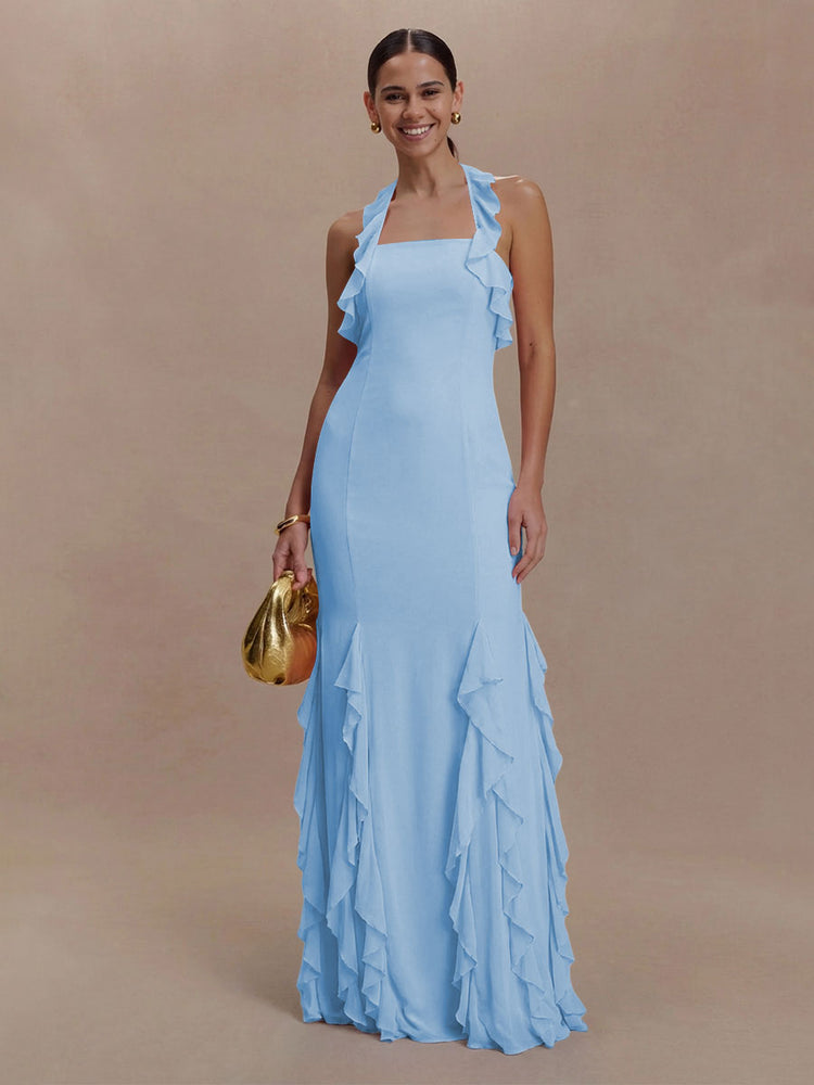 Halter Chiffon Sleeveless A Line Ruffled Bridesmaid Dresses