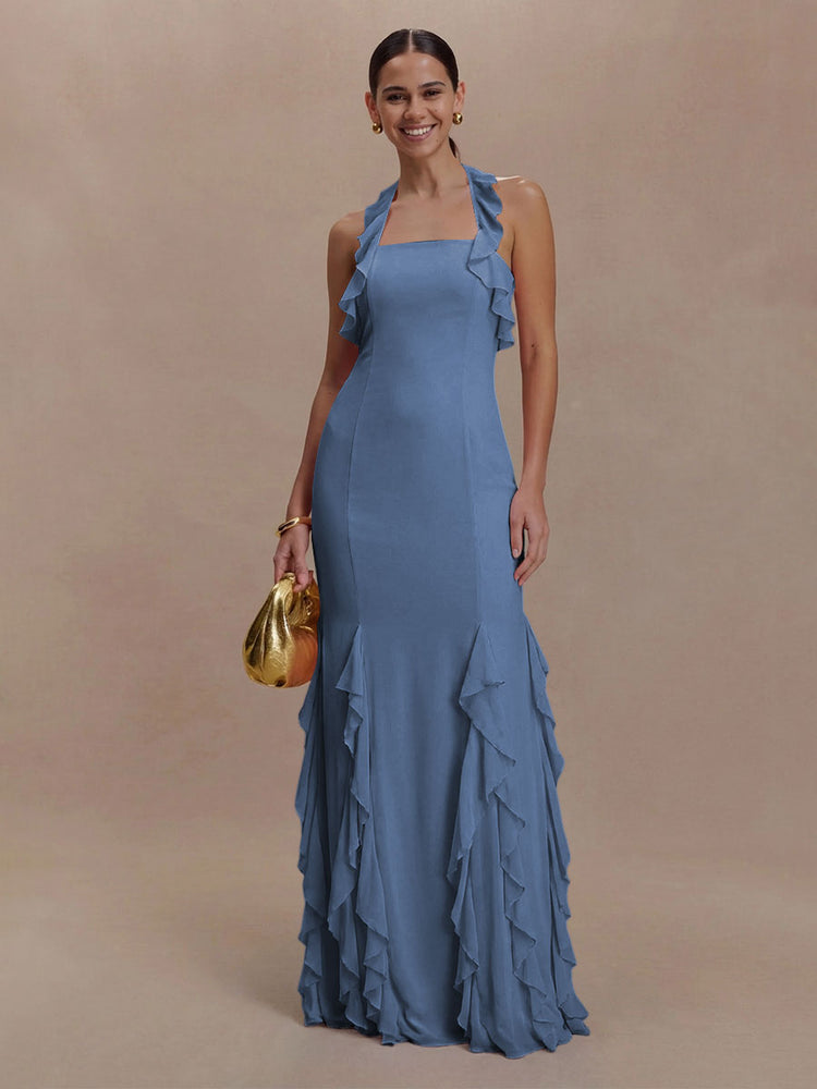Halter Chiffon Sleeveless A Line Ruffled Bridesmaid Dresses
