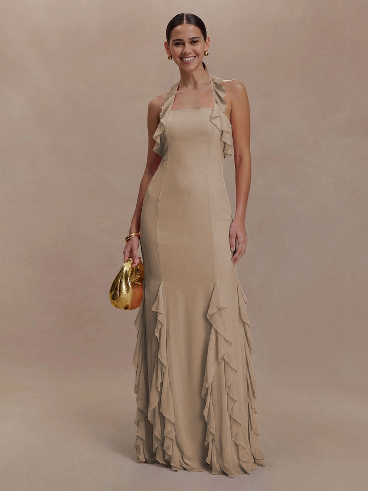 Halter Chiffon Sleeveless A Line Ruffled Bridesmaid Dresses