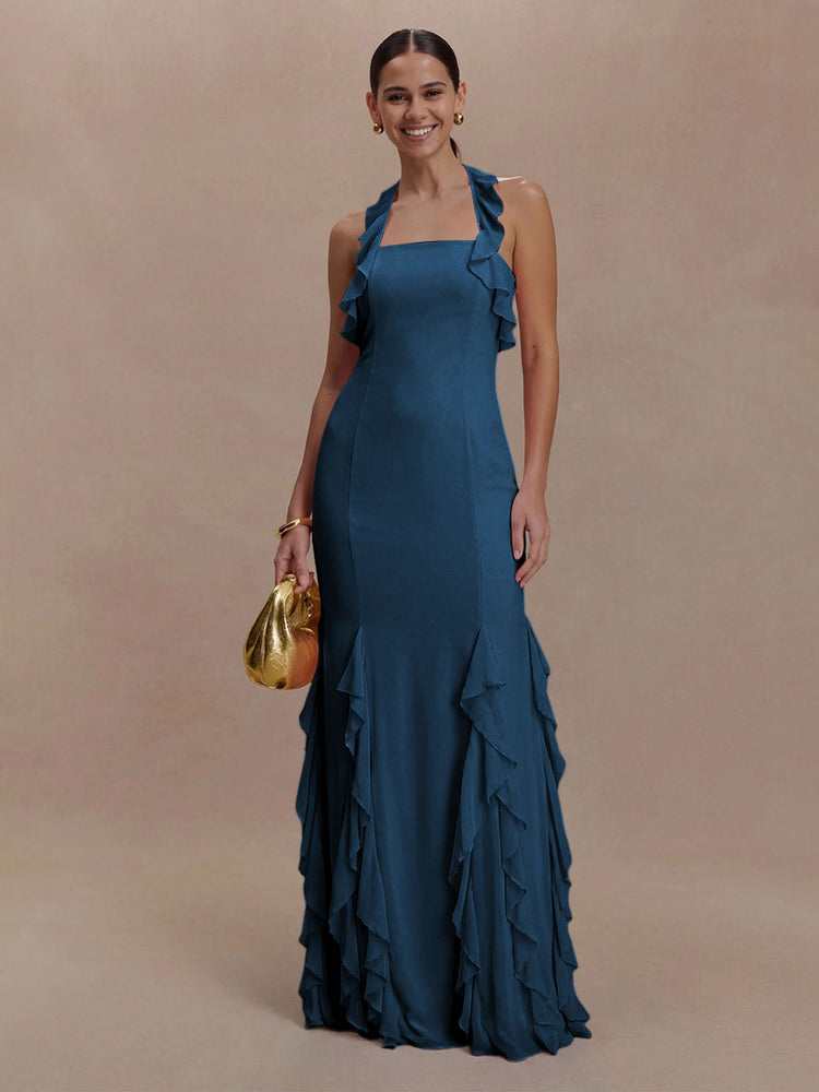 Halter Chiffon Sleeveless A Line Ruffled Bridesmaid Dresses