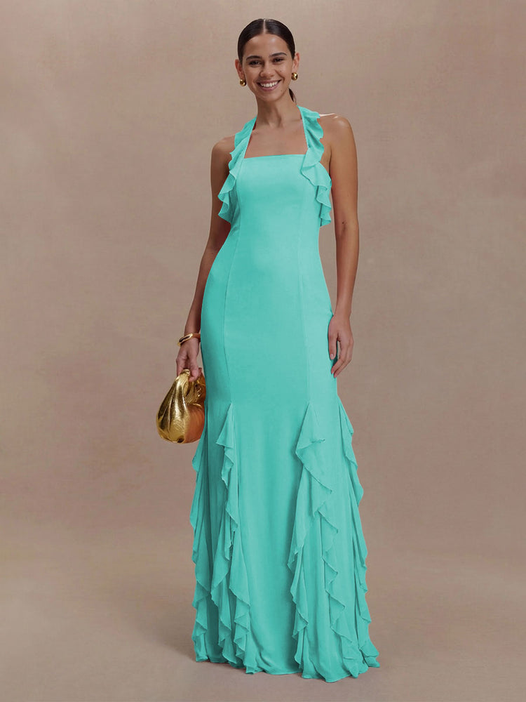Halter Chiffon Sleeveless A Line Ruffled Bridesmaid Dresses
