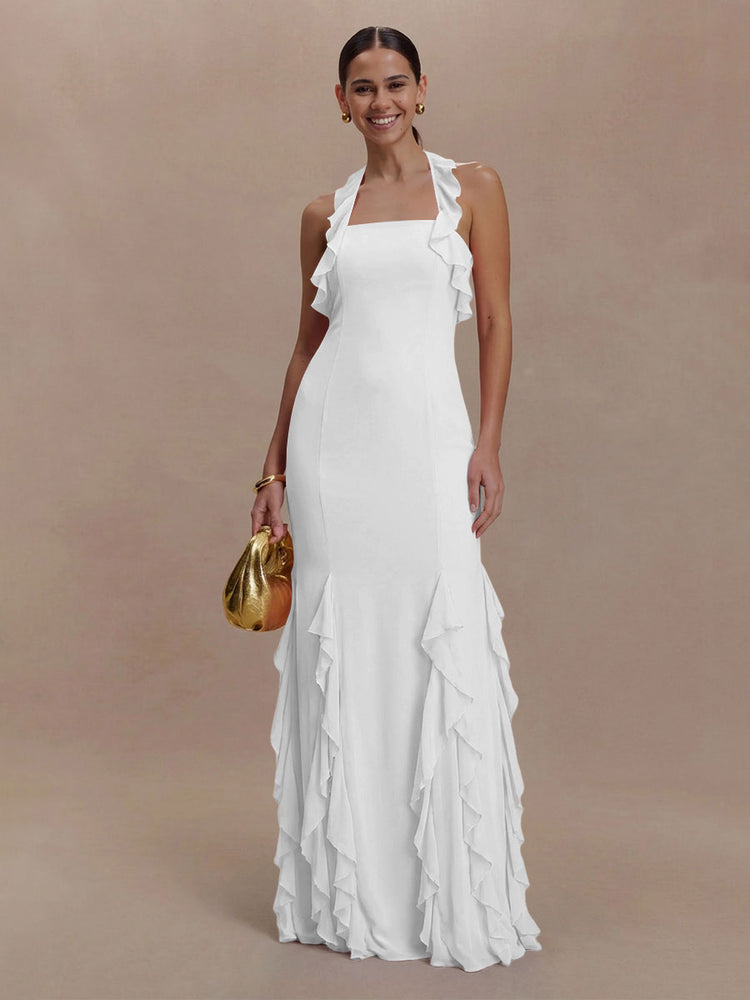 Halter Chiffon Sleeveless A Line Ruffled Bridesmaid Dresses