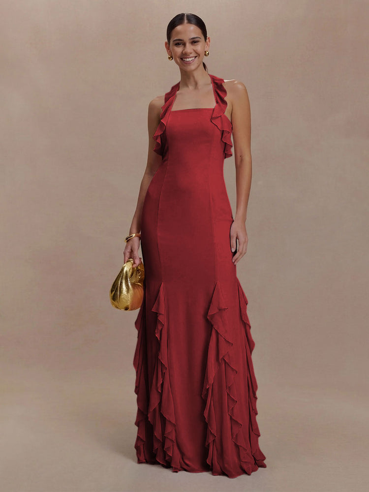 Halter Chiffon Sleeveless A Line Ruffled Bridesmaid Dresses