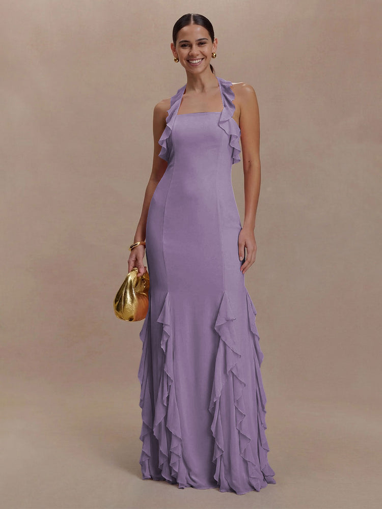 Halter Chiffon Sleeveless A Line Ruffled Bridesmaid Dresses
