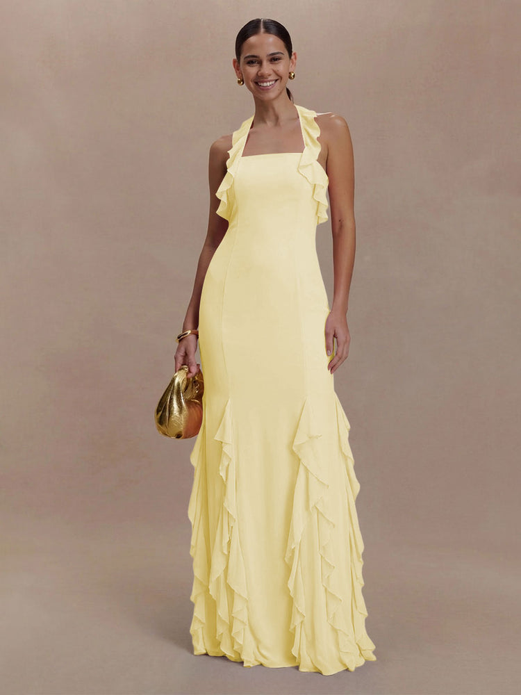 Halter Chiffon Sleeveless A Line Ruffled Bridesmaid Dresses