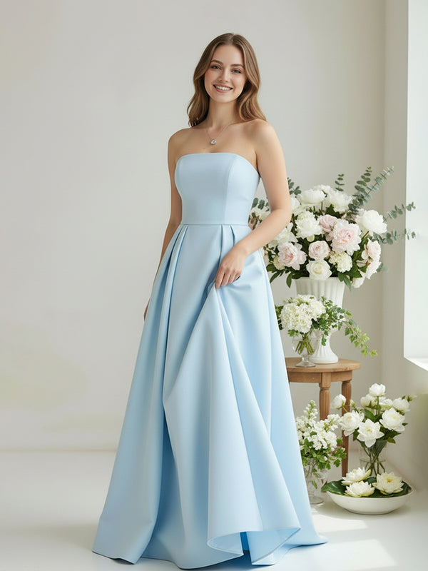 Satin Strapless Sleeveless Pleated Floor Length Bridesmaid Dresses