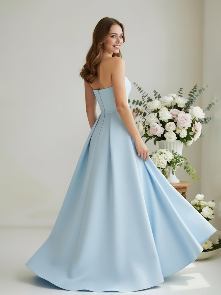 Satin Strapless Sleeveless Pleated Floor Length Bridesmaid Dresses