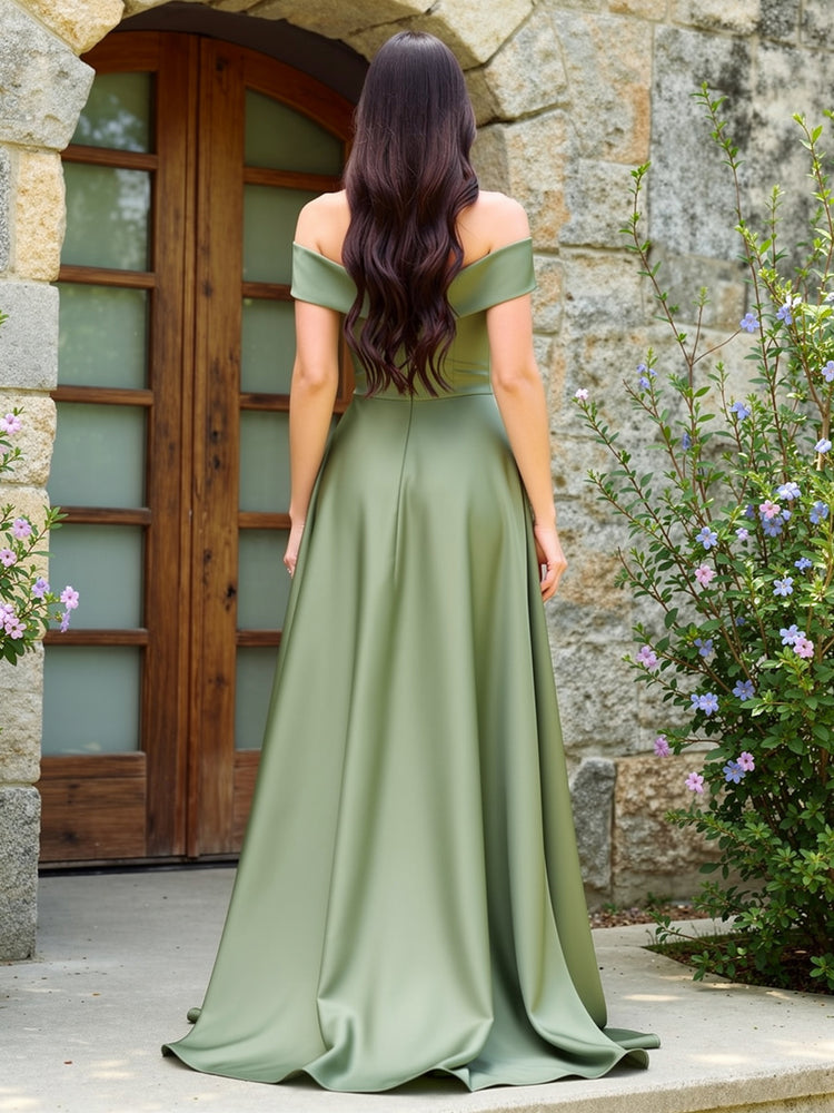A Line Off the Shoulder Slit Side Bridesmaid Dresses with Pleats
