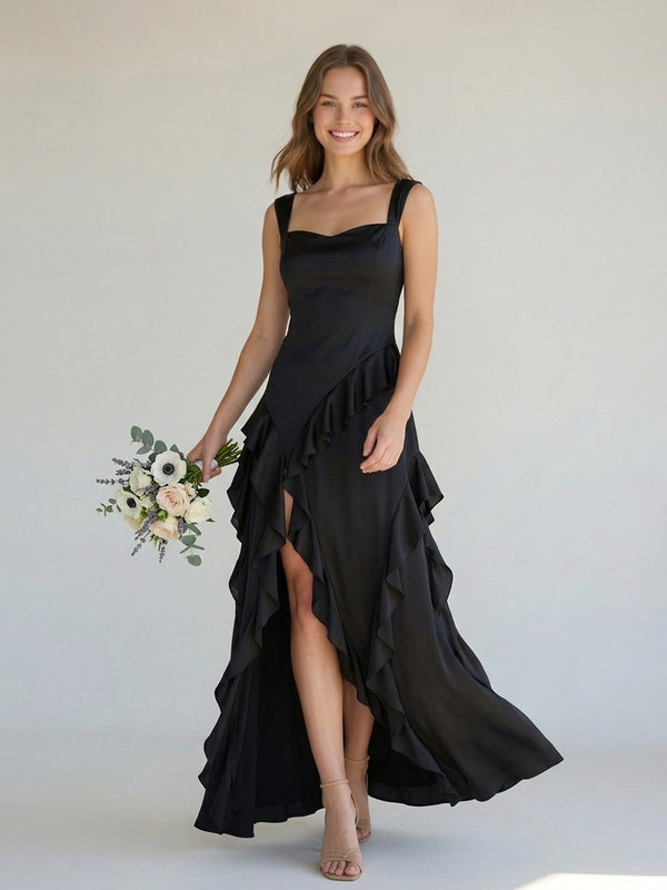 A Line Sweetheart High Low Ruffled Bridesmaid Dresses with Slit