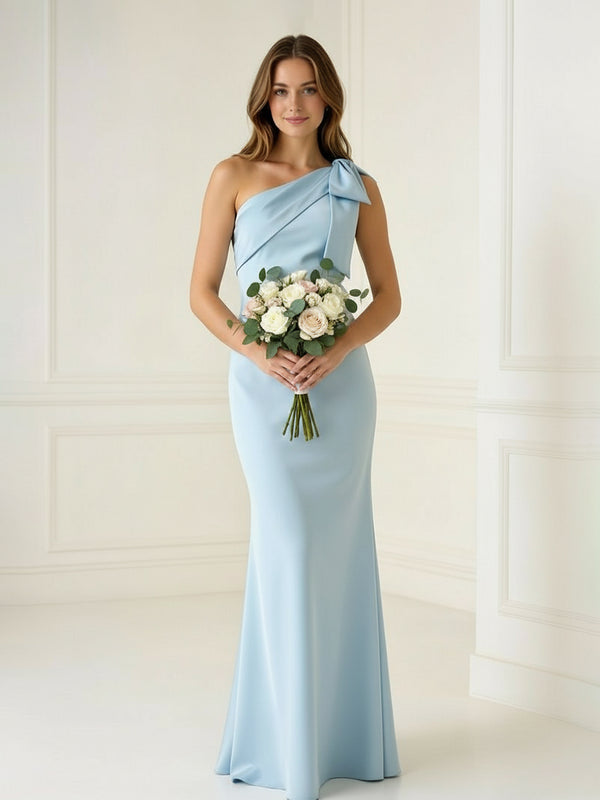 One Shoulder Satin Long Mermaid Bow Bridesmaid Dresses