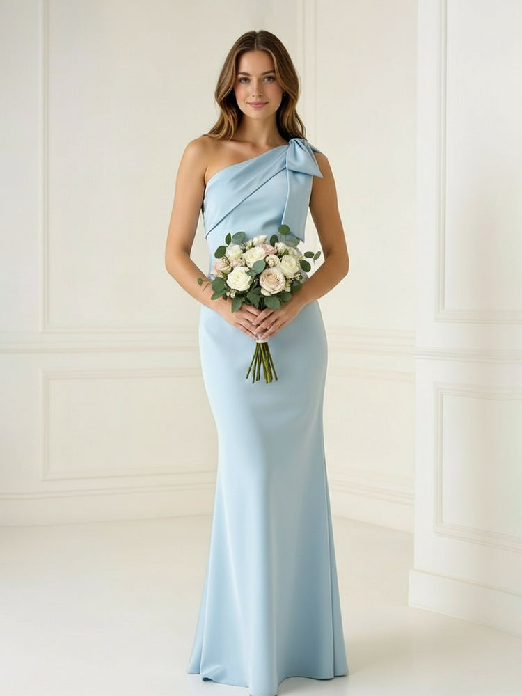 One Shoulder Satin Long Mermaid Bow Bridesmaid Dresses