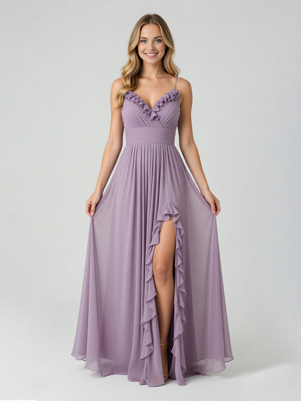 Chiffon A-Line Spaghetti Straps Slit Bridesmaid Dresses