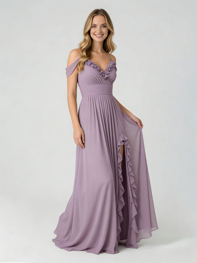 Chiffon A-Line Spaghetti Straps Slit Bridesmaid Dresses