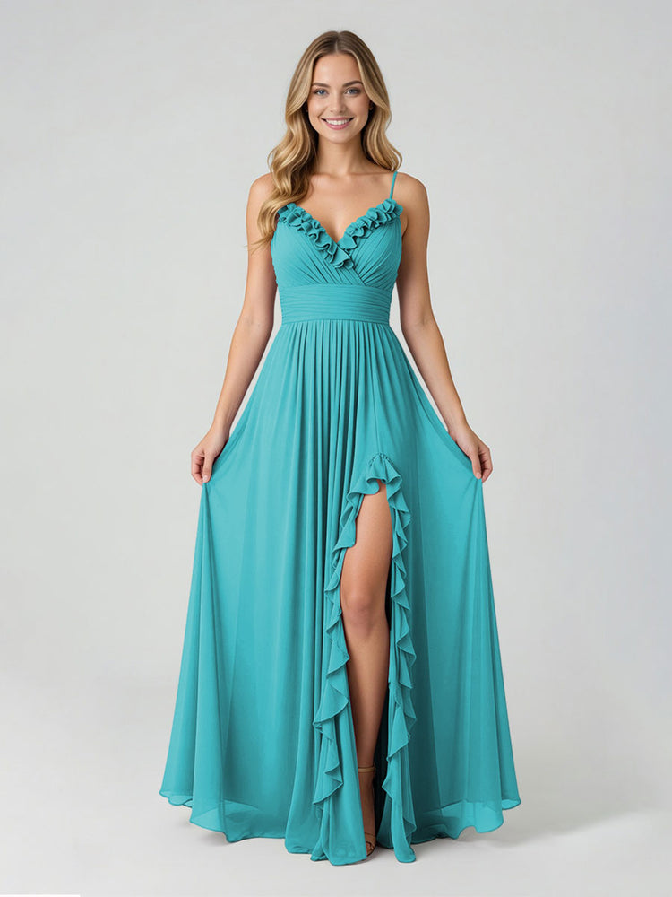 Chiffon A-Line Spaghetti Straps Slit Bridesmaid Dresses