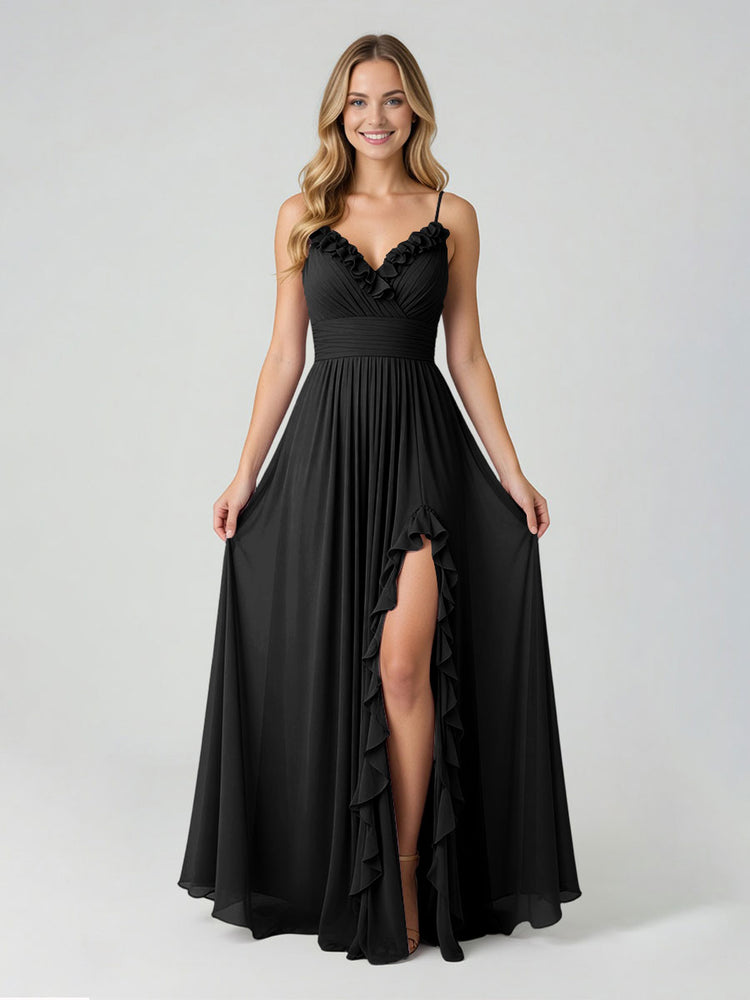 Chiffon A-Line Spaghetti Straps Slit Bridesmaid Dresses