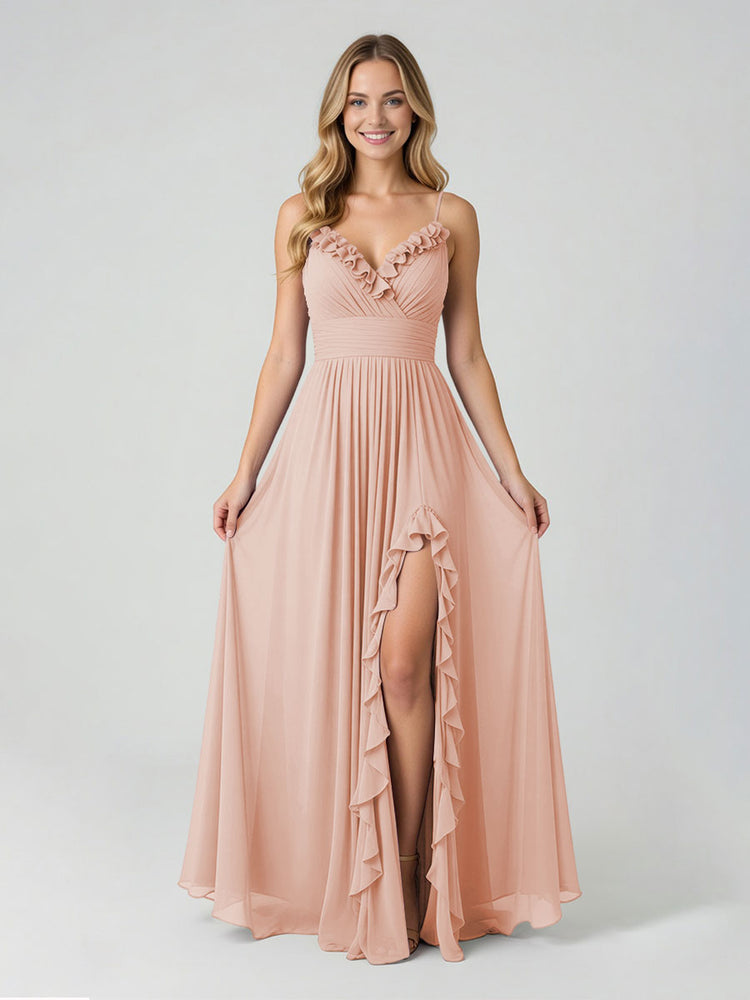 Chiffon A-Line Spaghetti Straps Slit Bridesmaid Dresses
