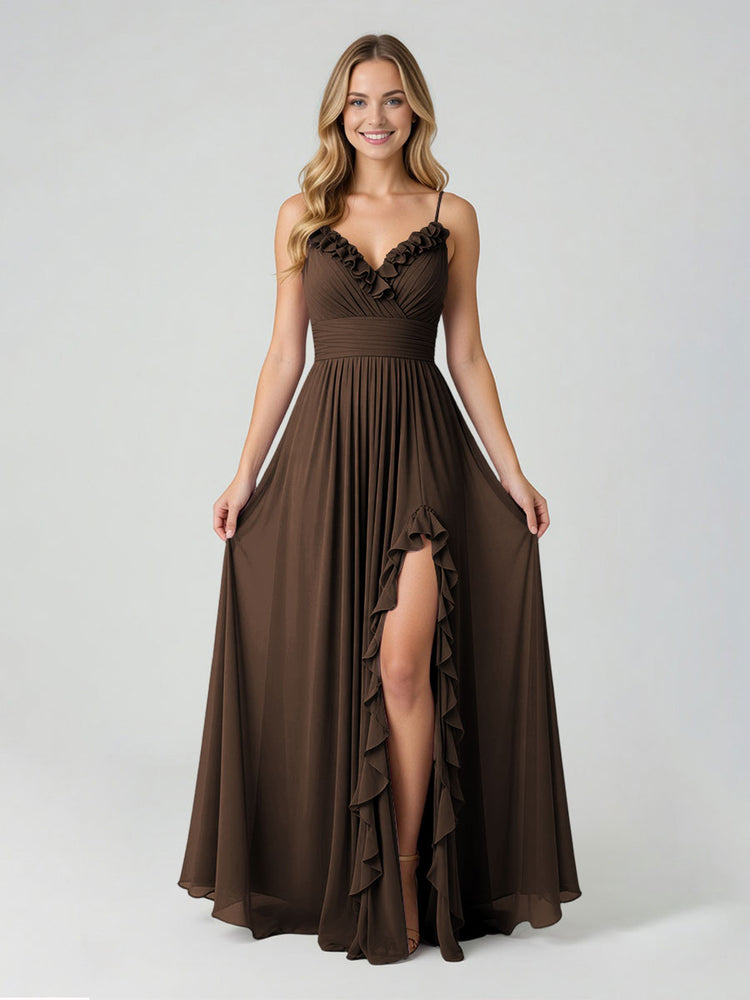 Chiffon A-Line Spaghetti Straps Slit Bridesmaid Dresses