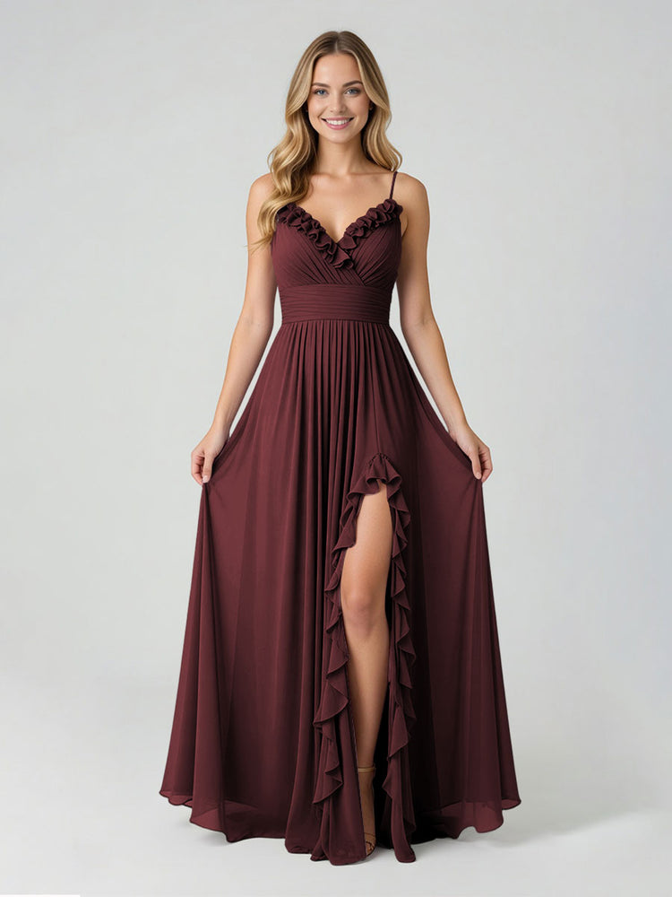Chiffon A-Line Spaghetti Straps Slit Bridesmaid Dresses